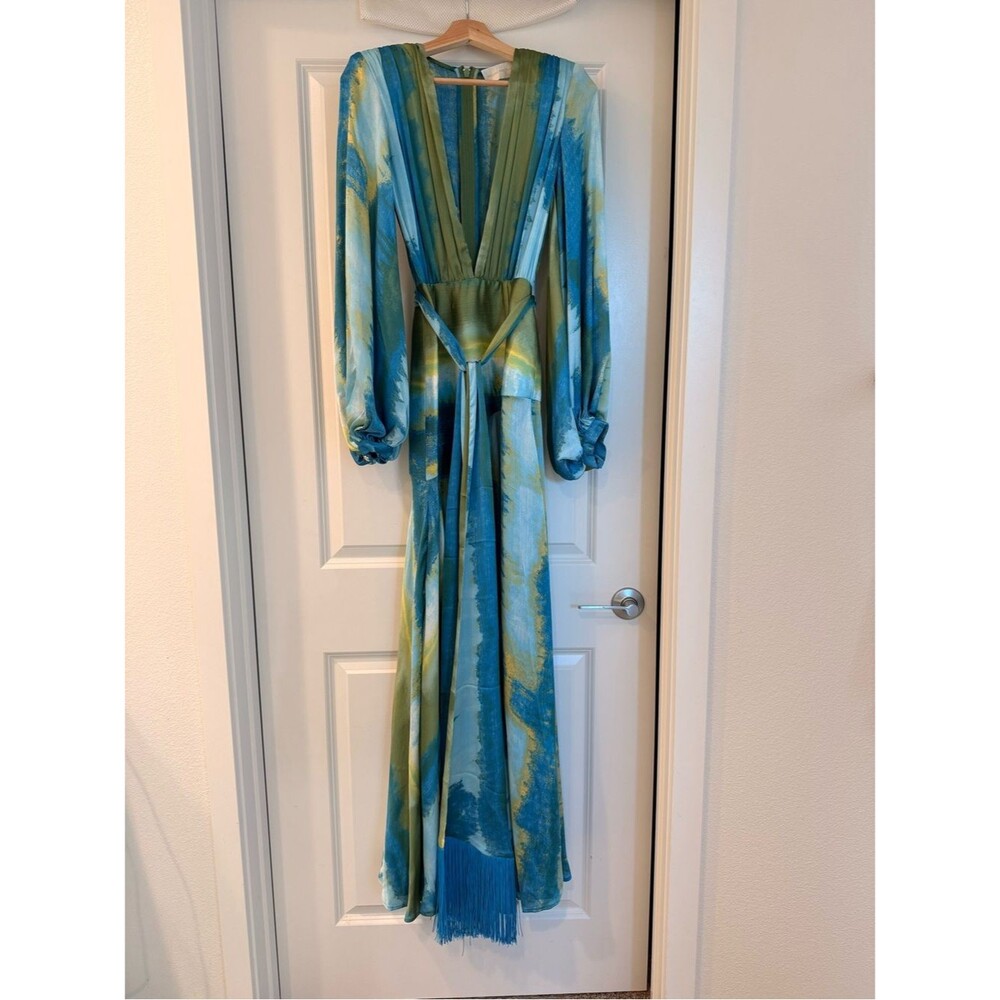 NEW BRONX BANCO Carmen Coastal Gown in Blue & Green ,Plunge Wrap Maxi Dress - Picture 6 of 16